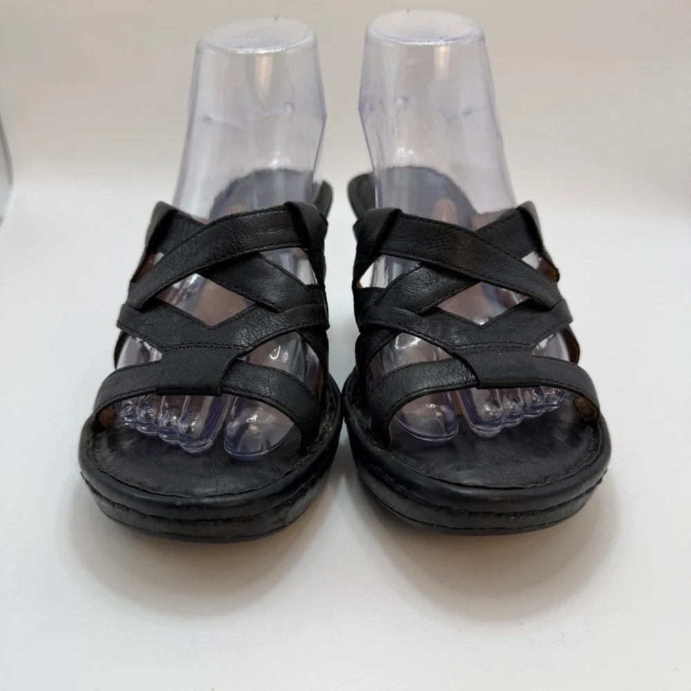 Born Black Leather Strappy Ascot Wedge Sandals Womens 8 M/W W3309 K6 Slide Mules